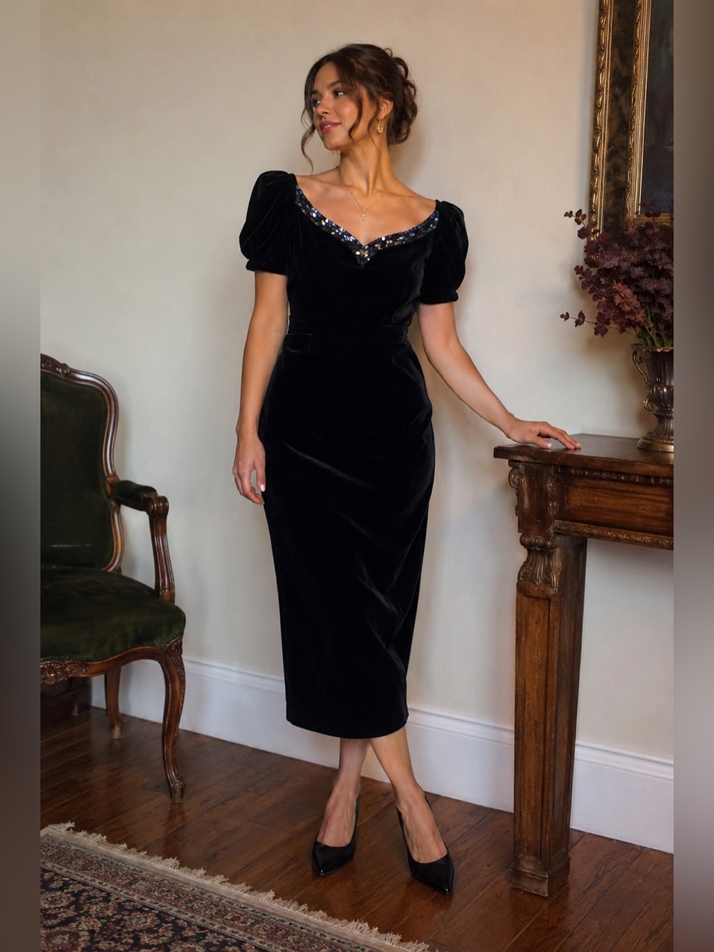 Vintage Black Velvet Bow Back Dress ILGWU Union Made USA Sequin Sweetheart M